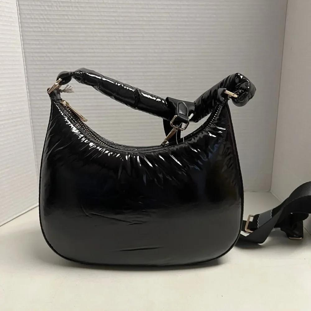 A New Day Black Puffer Hobo Bag with Detachable Crossbody Strap‎ Shiny Soft NEW